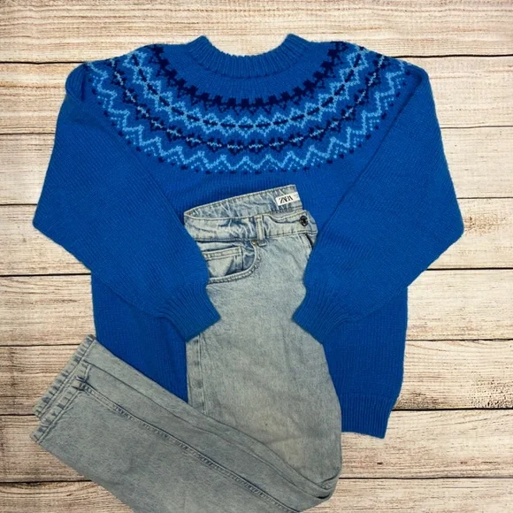 Blue Patterned Women's Crew Neck Sweater - Picture 2 of 7